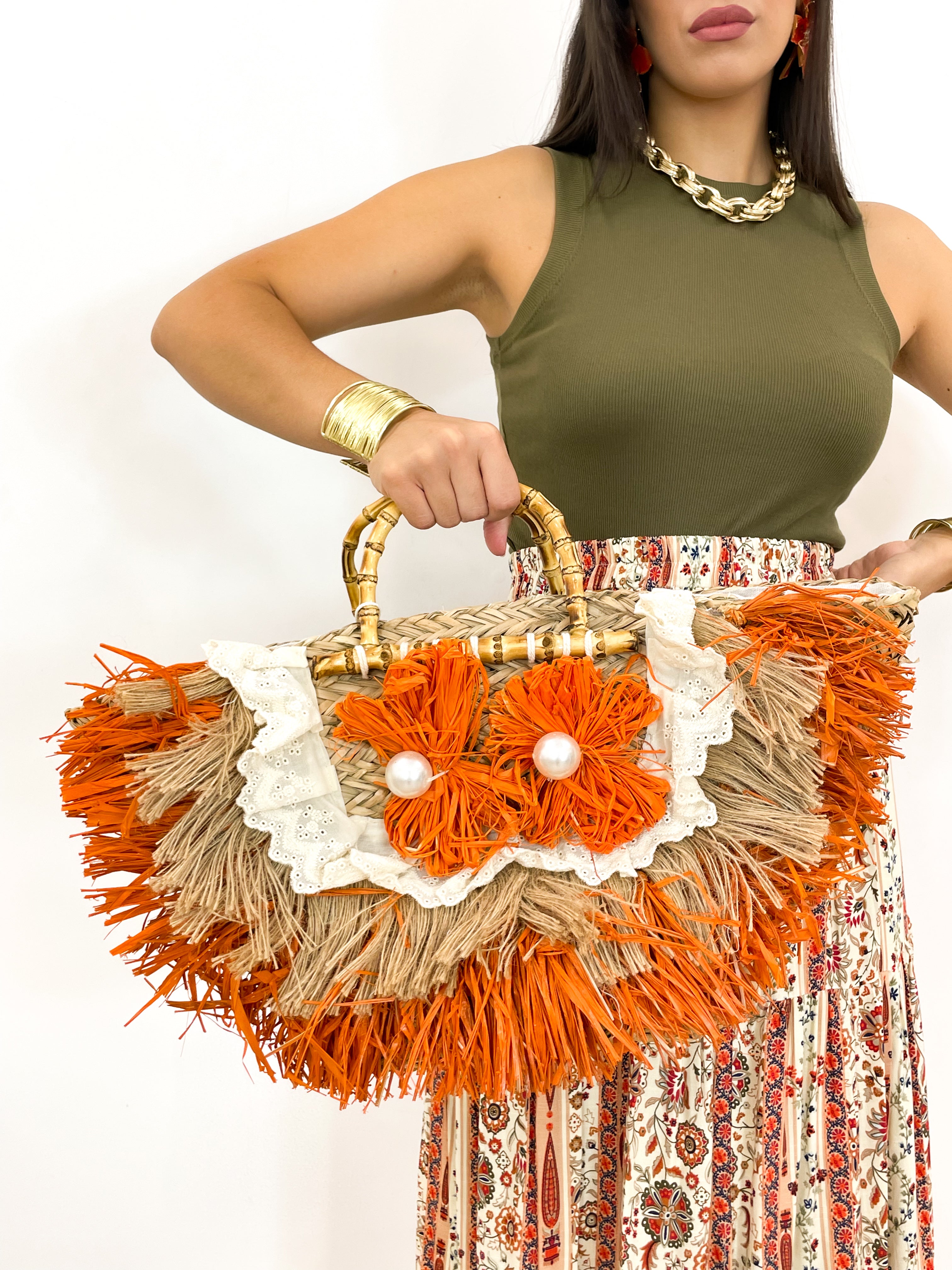 Borsa fiore di rafia arancione