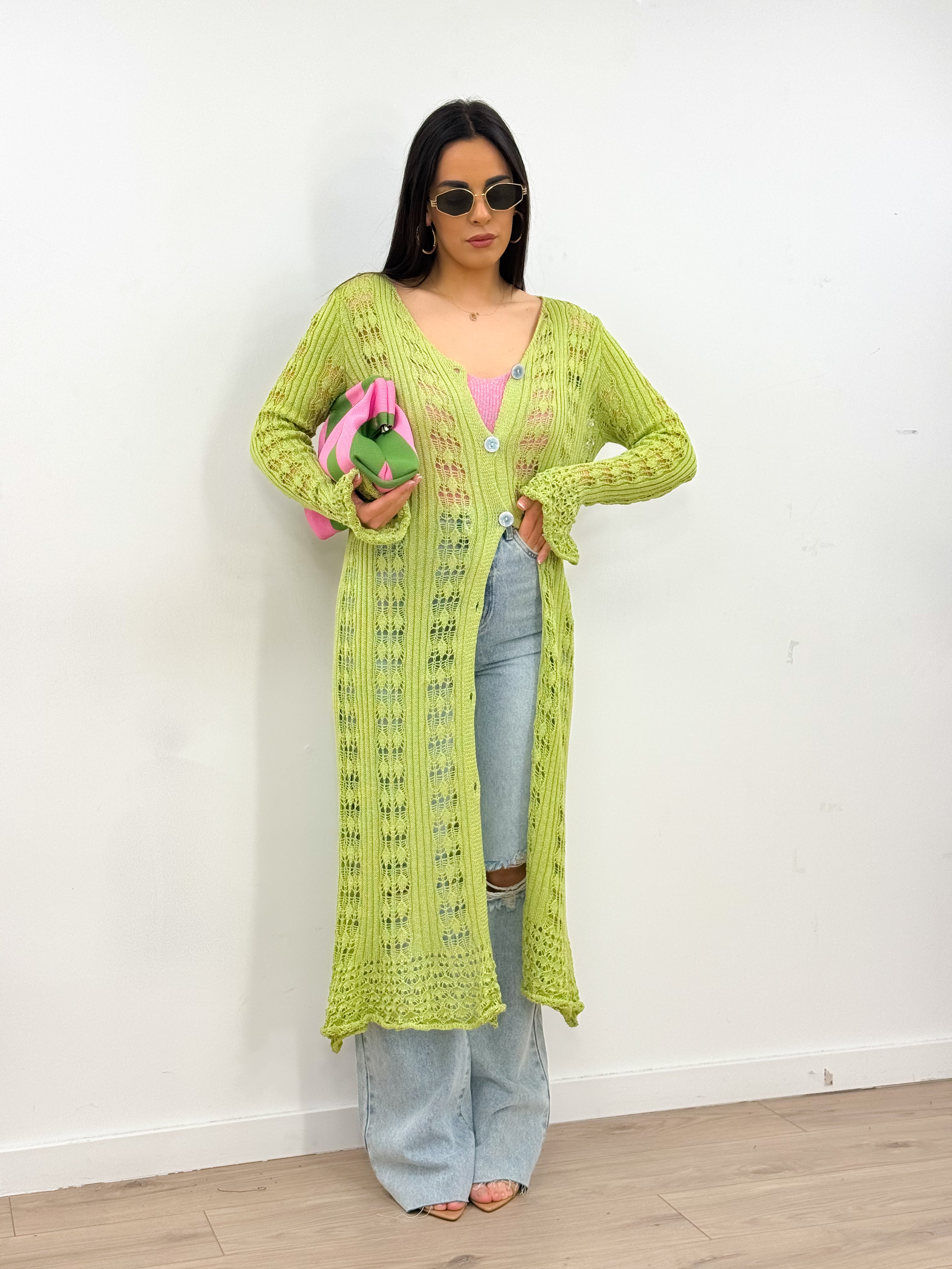 Cardigan in filo verde acido
