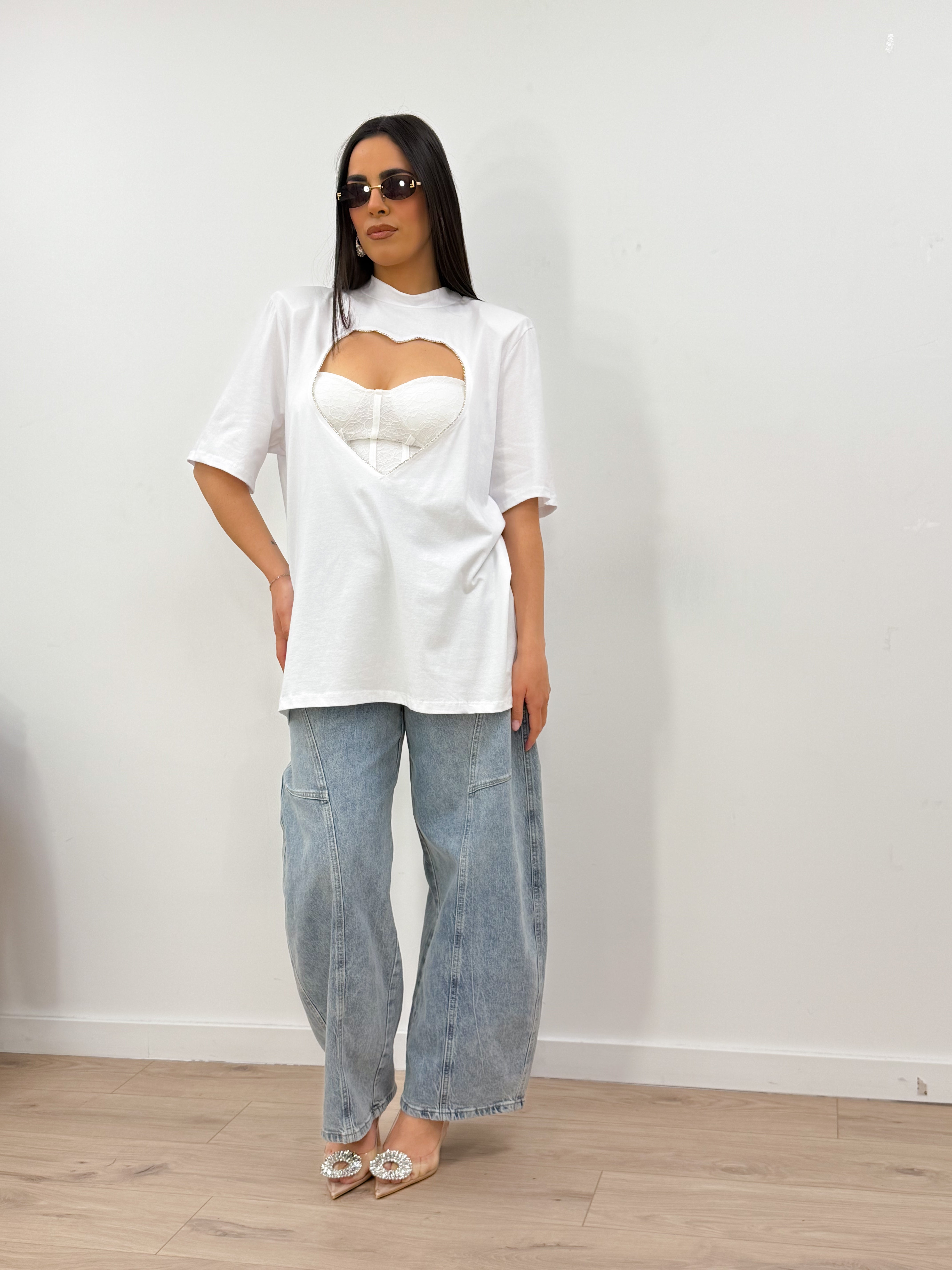 T-shirt cuore strass bianco